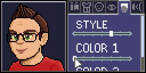A self portrait of Bablesquatch as a sprite in a character creator, sliding between hair colors indecisively.