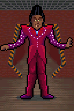 Pixel art of The Cat from Red Dwarf in a pink suit with sparkly sleeves and collars, standing in the hallway looking side to side.